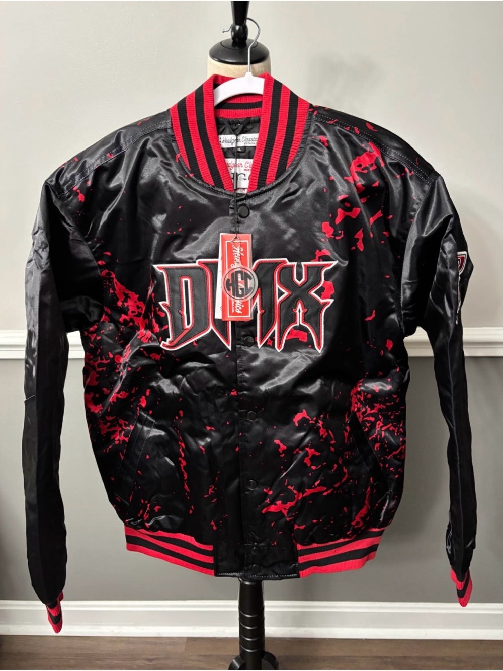 DMX Nostalgia Black & Red Graphic Varsity Style Bomber Jacket New